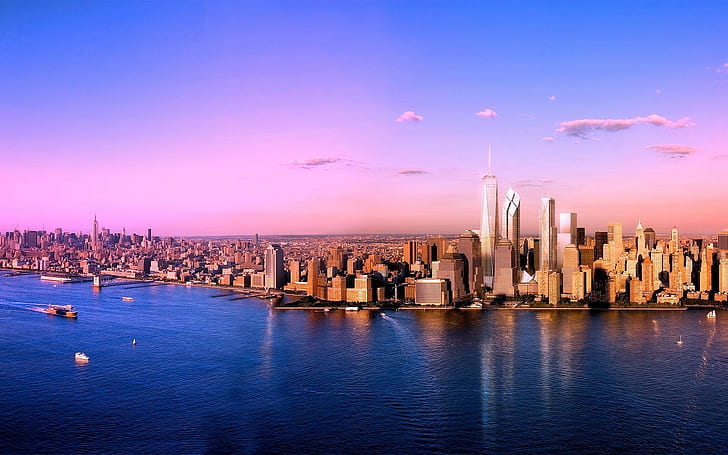 city, urban, New York City, cityscape, coast, boat, HD wallpaper