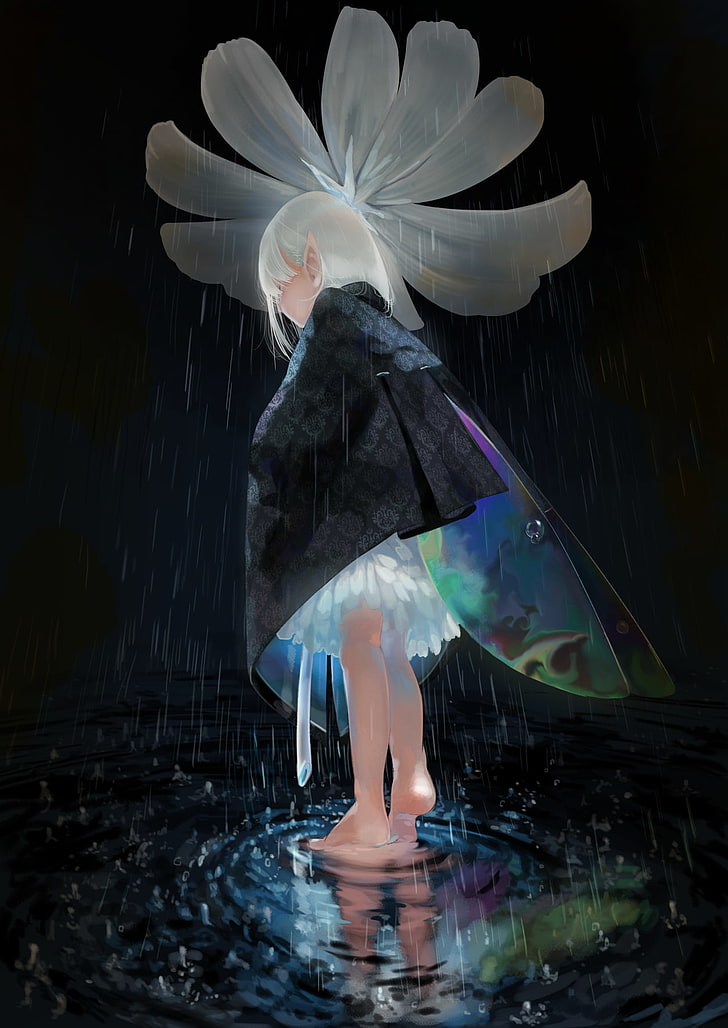 dress, feet, wet clothing, pointed ears, water, one person