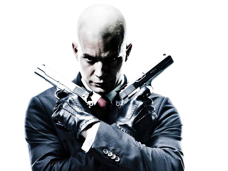 Hitman poster, video games, weapon, gun, white background, one person, HD wallpaper