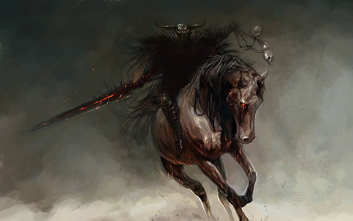 horseman, fantasy art, warlocks, red eyes, sword, skull, HD wallpaper