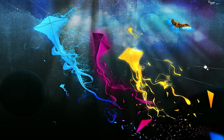 three blue, purple, and yellow kites wallpaper, fantasy art, streaks