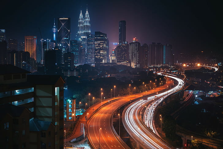 road, city, building, Kuala Lumpur, lights, Malaysia, night