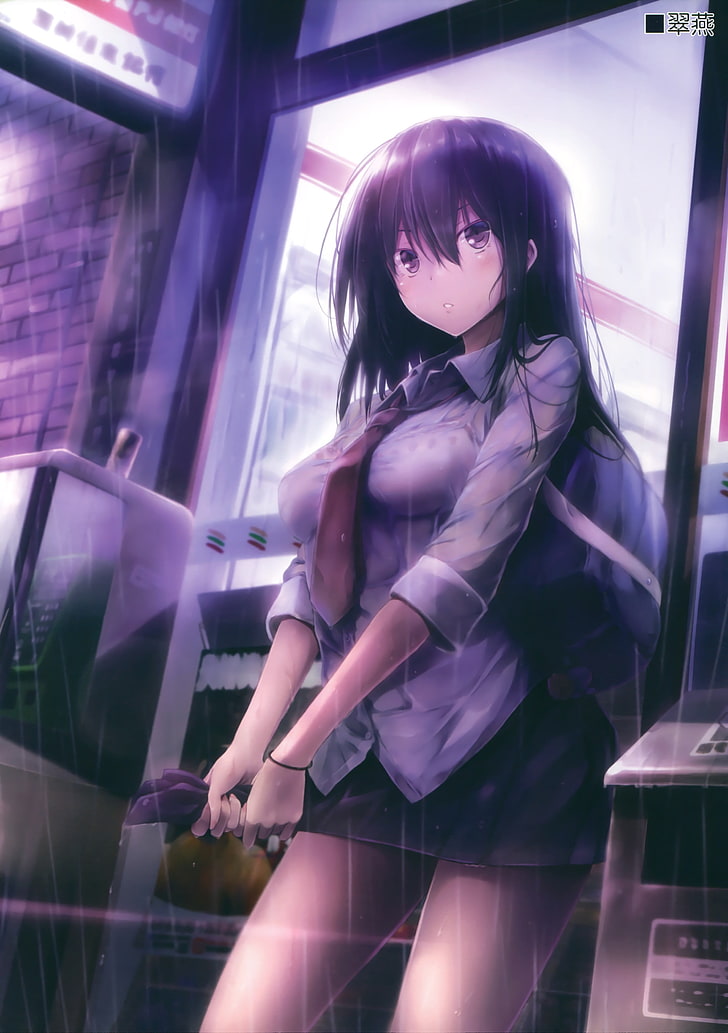 black haired female anime character illustration, rain, original characters