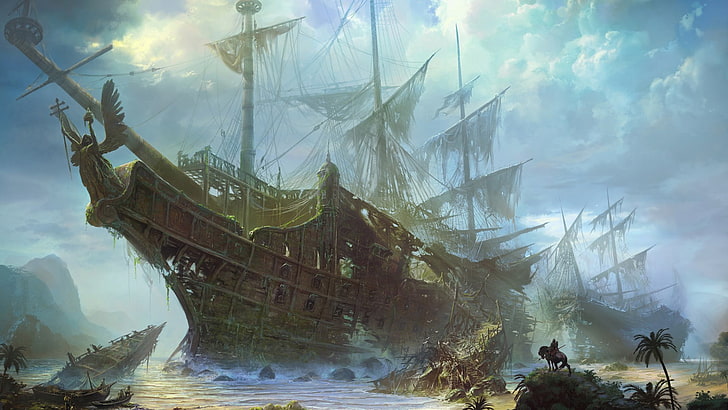 painting of galleon ship, artwork, drawing, sailing ship, digital art