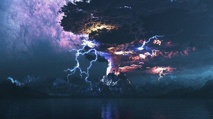 black mountain, lightning, volcano, photo manipulation, digital art, HD wallpaper
