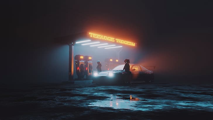 neon, dark, gas station, car