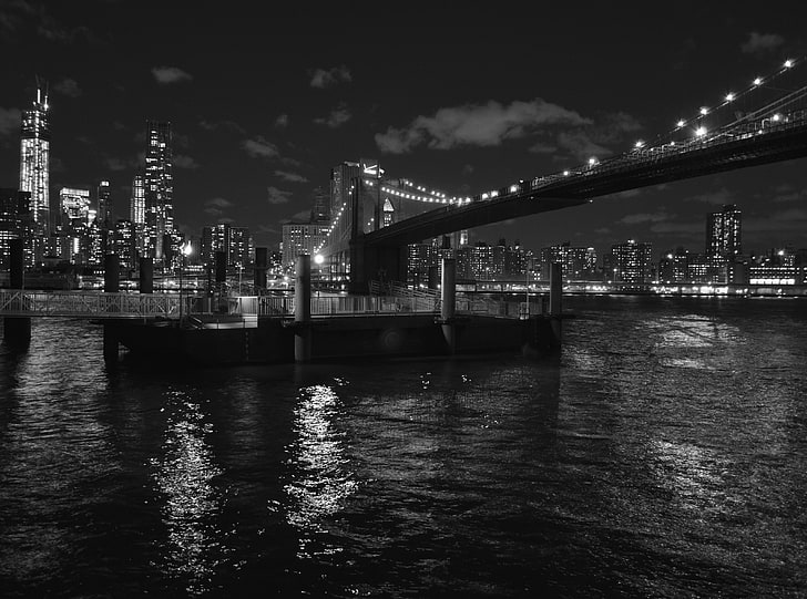 Brooklyn Bridge, New York, Brooklyn Bridge, Black and White, city, HD wallpaper
