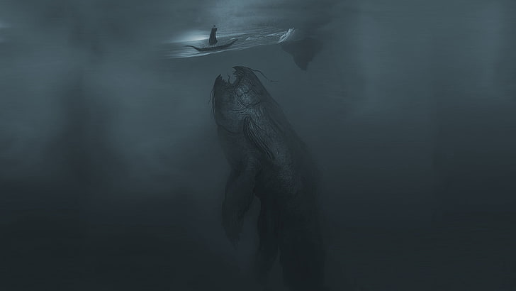 body of water and fish animation wallpaper, fantasy art, spooky
