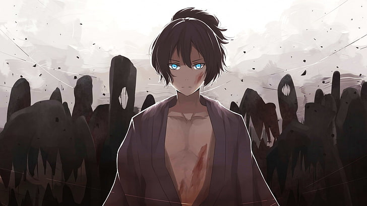 noragami, yato, blue eyes, scars, god, Anime, front view, waist up