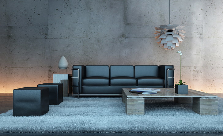 black leather three-seat sofa, flower, table, carpet, lamp, furniture, HD wallpaper