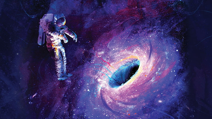 white astronaut, artwork, universe, black holes, one person, space