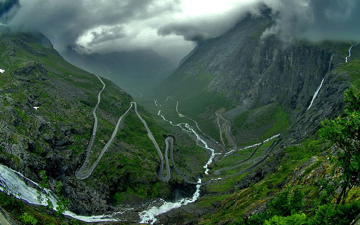 landscape, hairpin turns, zig zag, valley, mountains, road