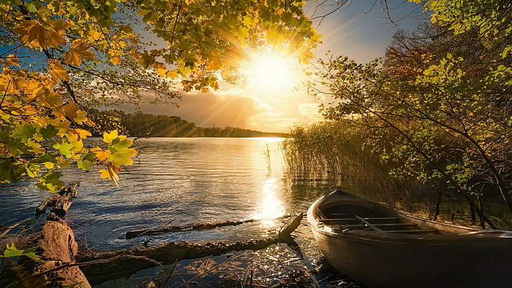boat, autumn, river, landscape, sunbeam, sunray, sunshine, sunny day, HD wallpaper
