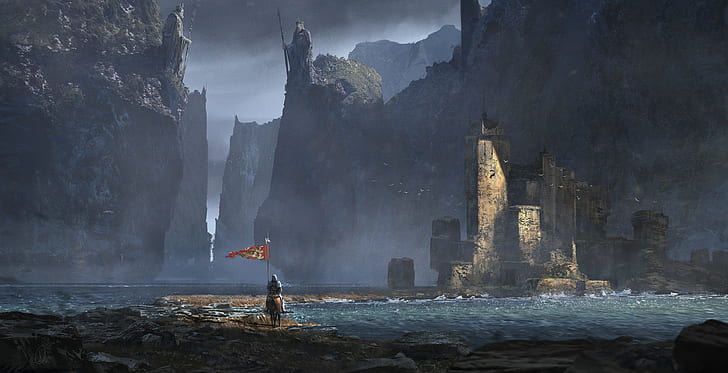 illustration, soldier, medieval, flag, mountains, village, sea, HD wallpaper