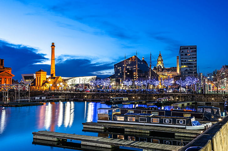 Liverpool, England, cityscape, city lights, factory tubes, dusk