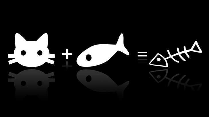 cat and fish illustration, minimalism, black, humor, reflection