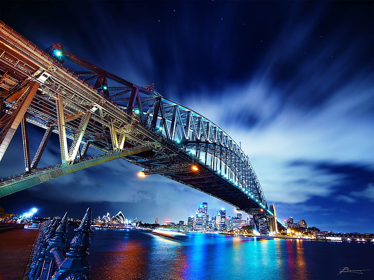 city bridge during nighttime, sydney, sydney, reflections, sydney  city, HD wallpaper