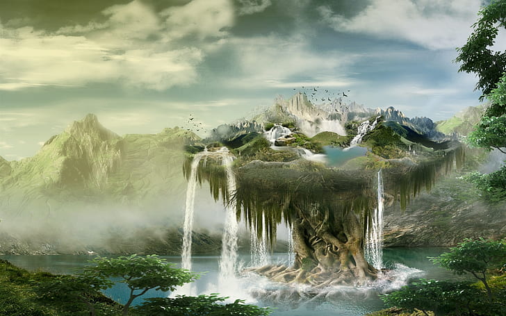 Creative design, float island, waterfalls, birds, clouds, mountains, HD wallpaper