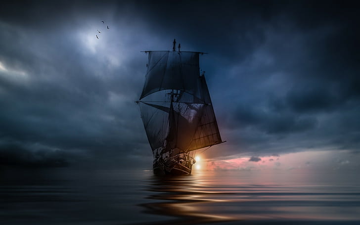 Landscape, Nature, Sea, Clouds, Sunset, Sailing Ship, Storm, Water, Bird, Flying