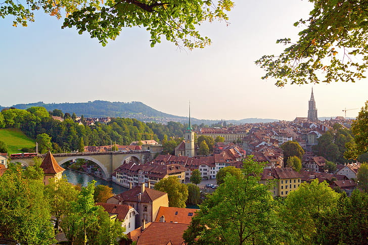 greens, trees, bridge, river, home, Switzerland, Bern