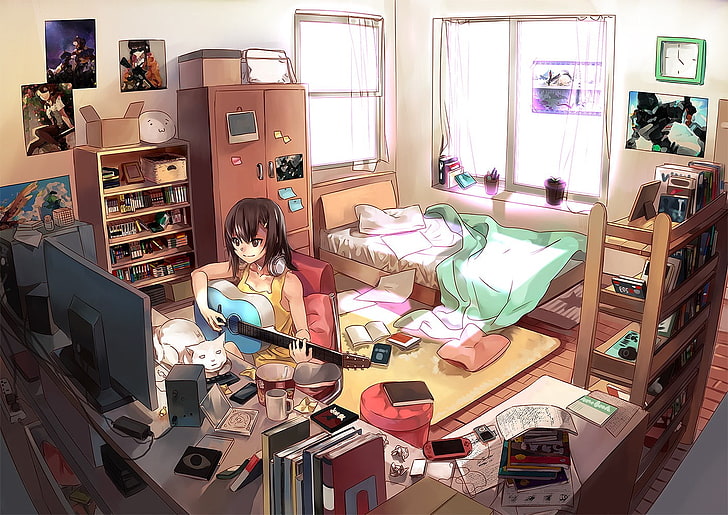 animated girl playing guitar wallpaper, anime, one person, indoors