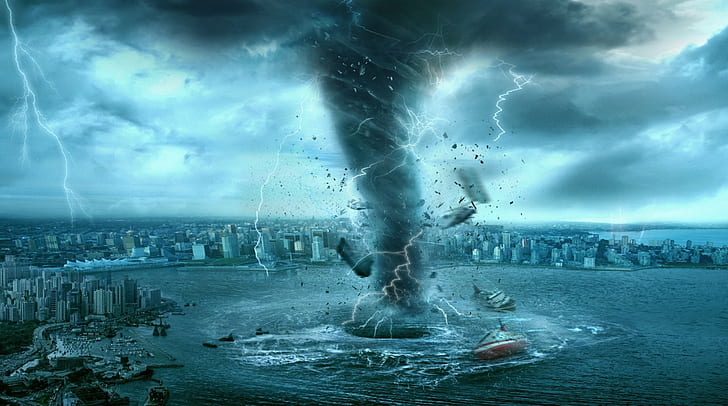 digital art, sea, apocalyptic, boat, tornado, storm, cityscape