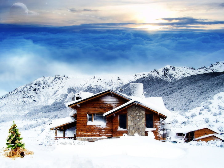 cabin, mountains, snow, winter, cold temperature, architecture, HD wallpaper