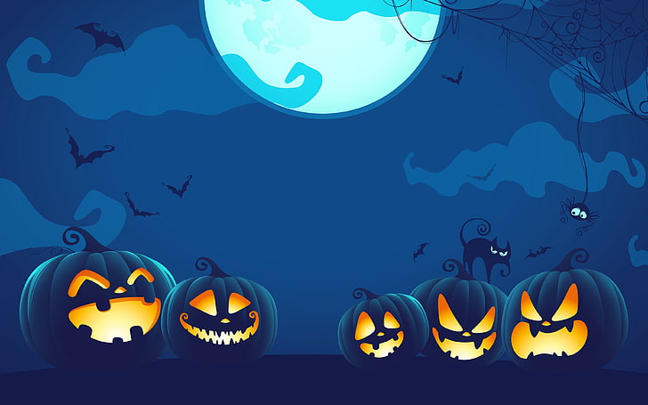 Halloween 2018 Pumpkin Light Jungle Night, animal, blue, animal themes, HD wallpaper