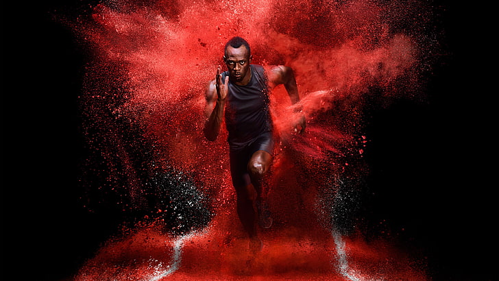 Usain Bolt, red, full length, one person, clothing, sport, motion