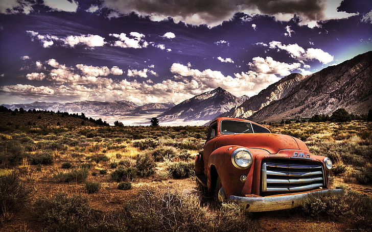 vintage red pickup truck, landscape, nature, HDR, mountains, sky