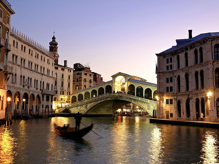 Grand Canal, Italy, building, venice, bridge, night, boat, river, HD wallpaper