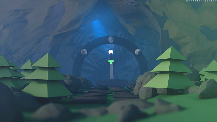 low poly trees mountains cave in cave sword lights 3d object sphere stones depth of field digital art 3d 3d blocks material style cinema 4d