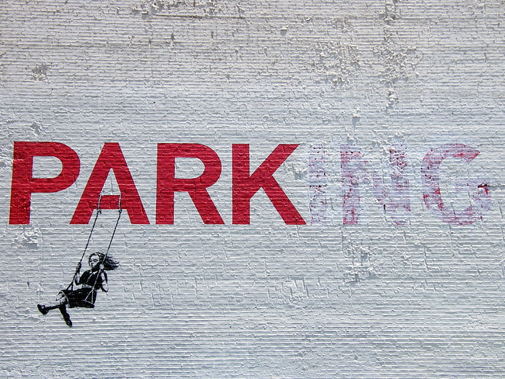 red Park text, girl, graffiti, banksy, stencil, park-ing, communication, HD wallpaper