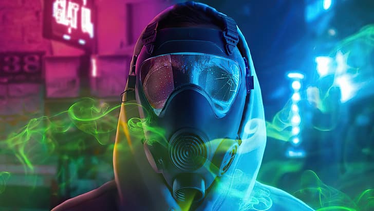 night, city, the city, people, protection, gas mask, man, toxic fumes, HD wallpaper