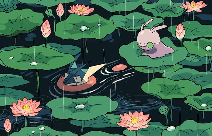 Pokémon, Goomy, greninja, plants, rain, HD wallpaper