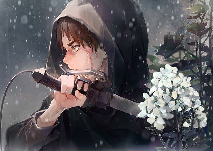 eren jaeger, shingeki no kyojin, hoodie, sword, raining, flowers