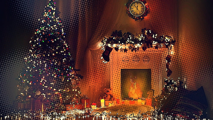 fireplace, trees, toys, clocks, lights, Christmas
