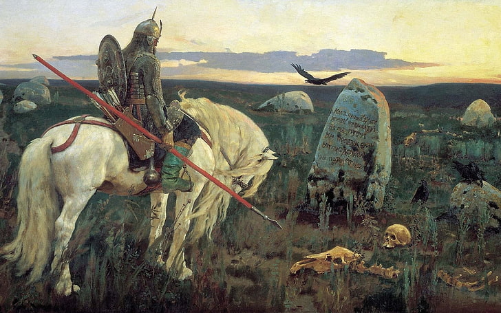 skulls paintings weapons shield horses artwork warriors spears graves viktor vasnetsov 1920x1200 Animals Horses HD Art