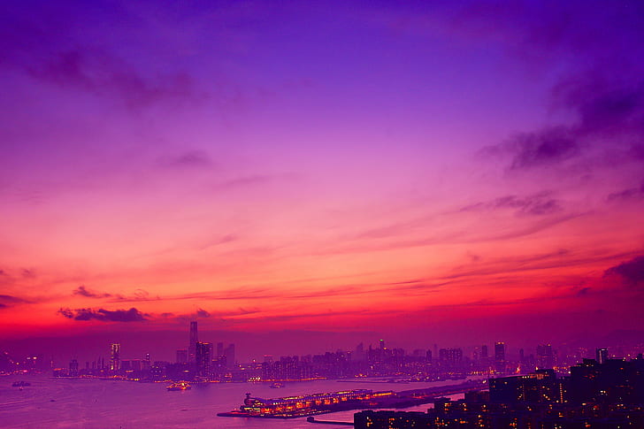 aerial photography of cityscape at golden hour, magic hour, hong kong, HD wallpaper