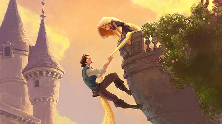 tower, balcony, long hair, Rapunzel, tangled, Flynn