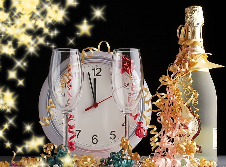 new year, christmas, champagne, glasses, confetti, clock, midnight, feast