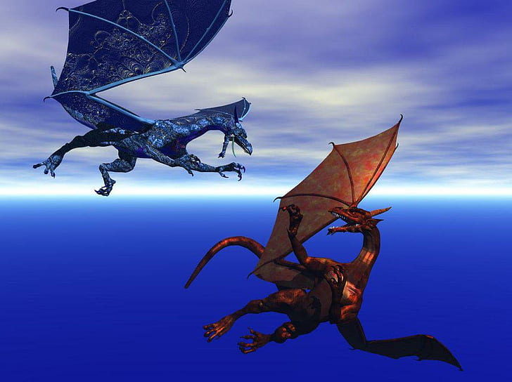 Fire Vs Ice Dragon Fight, two blue-and-brown dragon illustrations