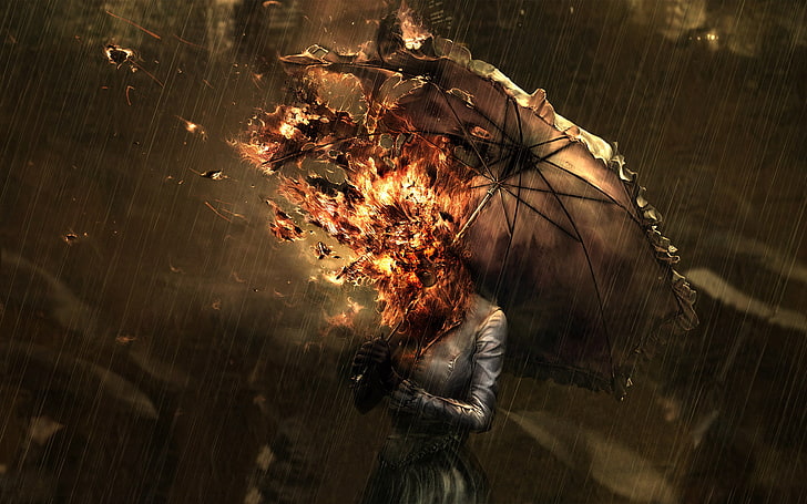 person holding umbrella burning wallpaper, woman holding burning umbrella under the rain, HD wallpaper