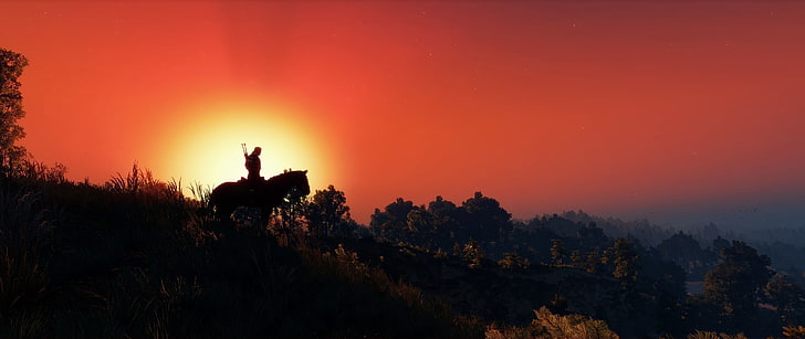 silhouette of person riding horse, The Witcher 3: Wild Hunt, sky, HD wallpaper