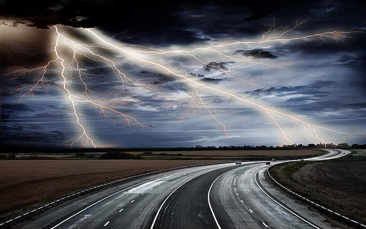 lightning and grey road, asphalt, elements, sky, bad weather, HD wallpaper