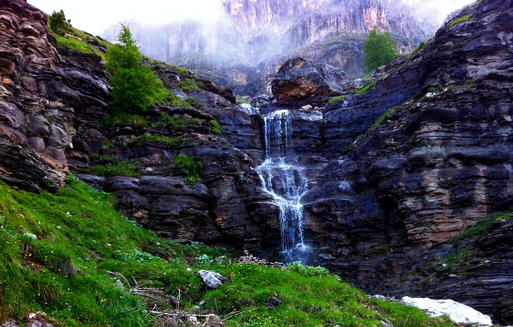 waterfall, mist, lake, river, nature, mountains, scenics - nature