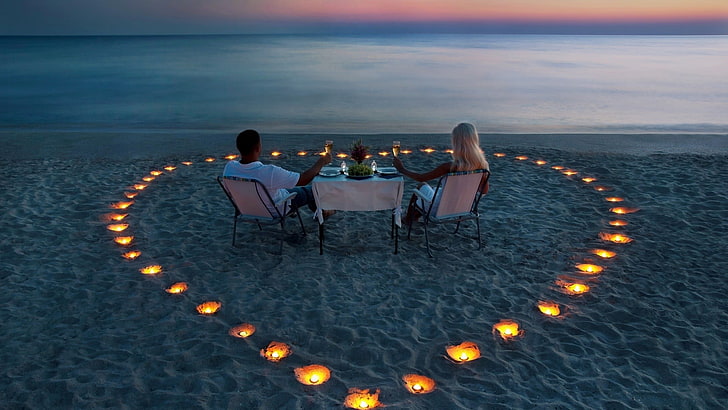 beach, heart, lovers, men, sea, women, two people, water, sitting, HD wallpaper