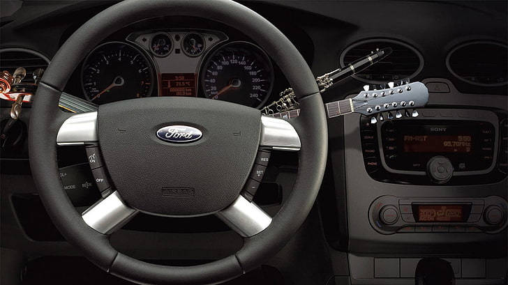 Ford steering wheel, artwork, car, guitar, violin, musical instrument, HD wallpaper