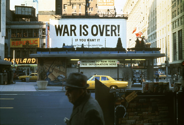 John Lennon, Yoko Ono, protestors, Vietnam War, poster, New York City