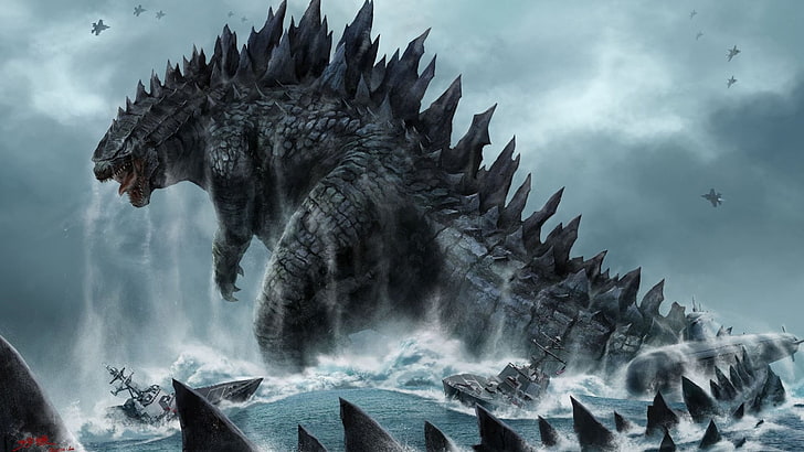 Godzilla wallpaper, fantasy art, digital art, creature, boat, HD wallpaper